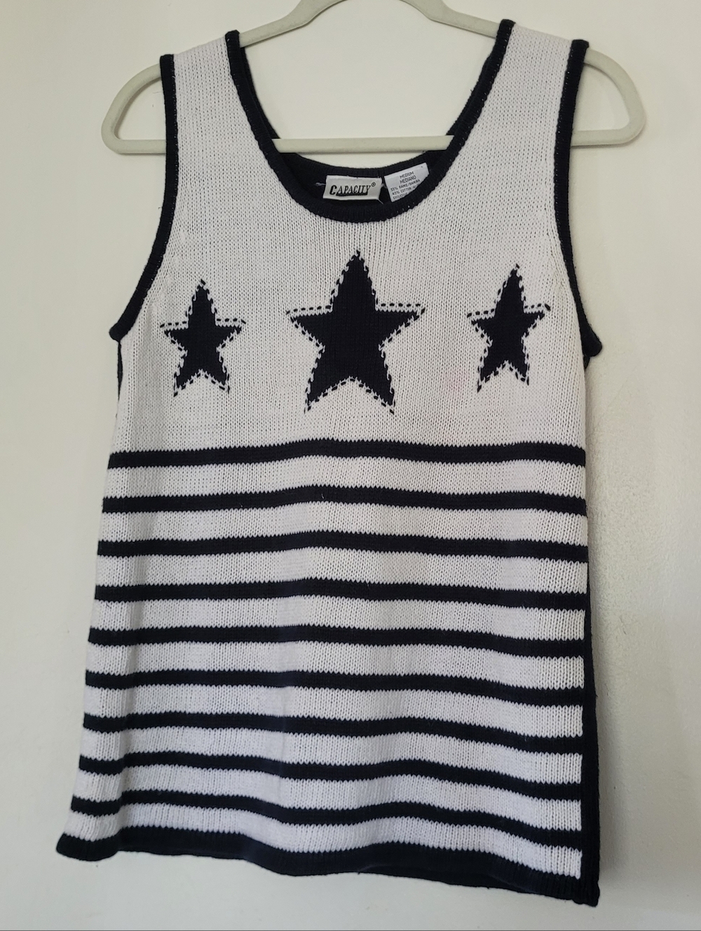 Vintage Women's Sweater Vest Knit Navy Stars Stripes Size M Ramie Cotton 90spl